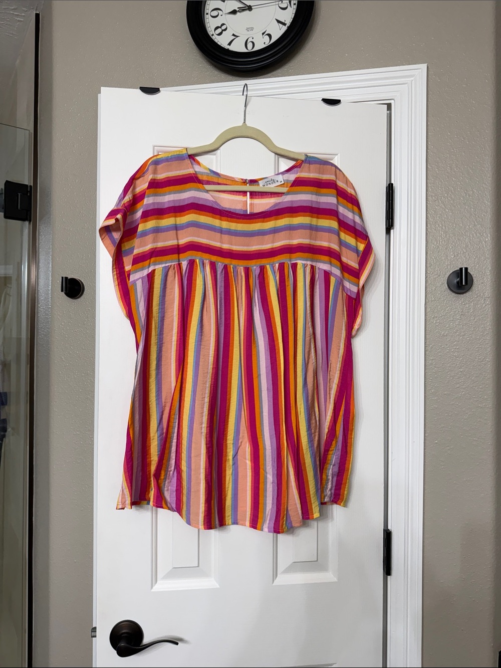 Striped Multicolor Short-Sleeve Tunic Top - Pink/Yellow/Orange